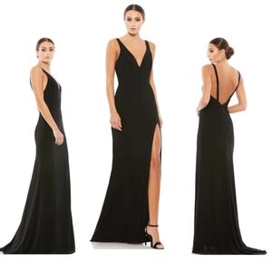 IENNA FOR MAC DUGGAL SOLID BLACK PLUNGE NECK HIGH SLIT GOWN 12 NWT